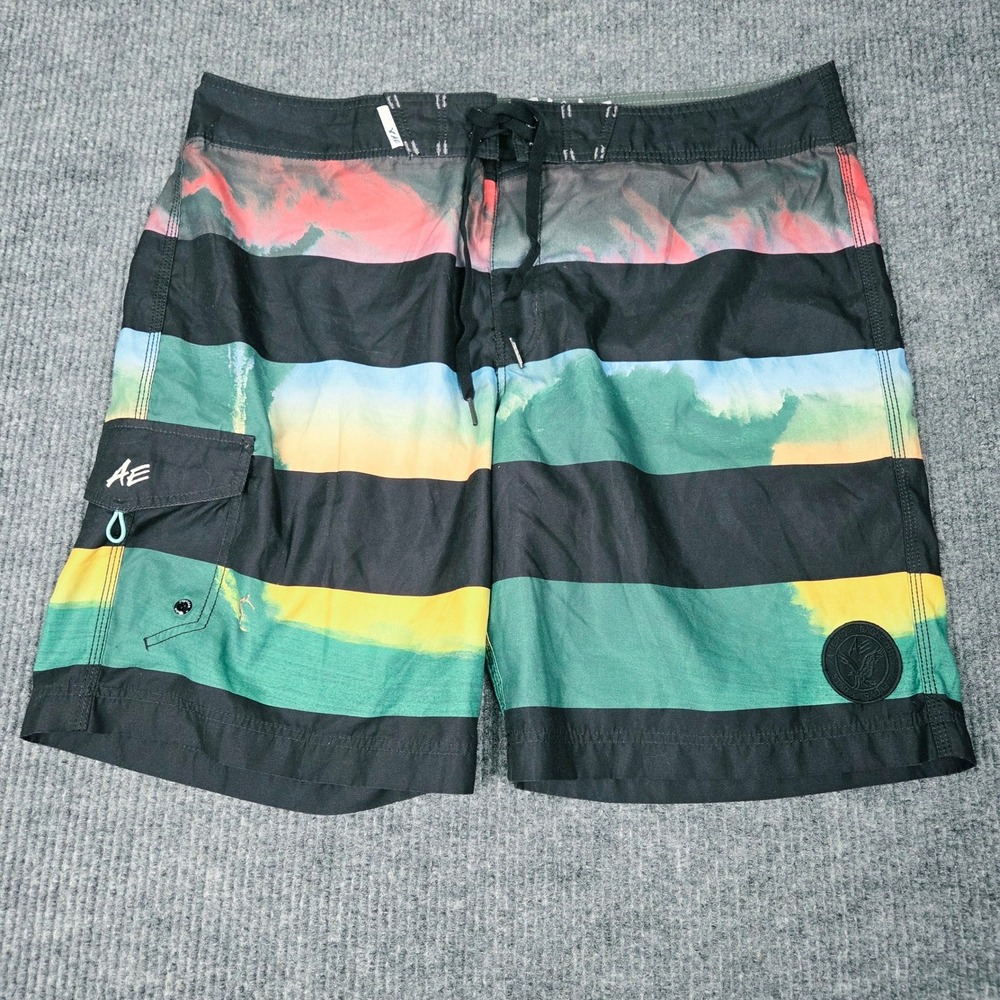 American Eagle Mens XXL Striped Watercolor Board Shorts Swim Trunks Black Green